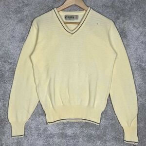 Vintage Mens V-Neck Sweater Medium Yellow 100% Cotton Long Sleeve Pullover Prep